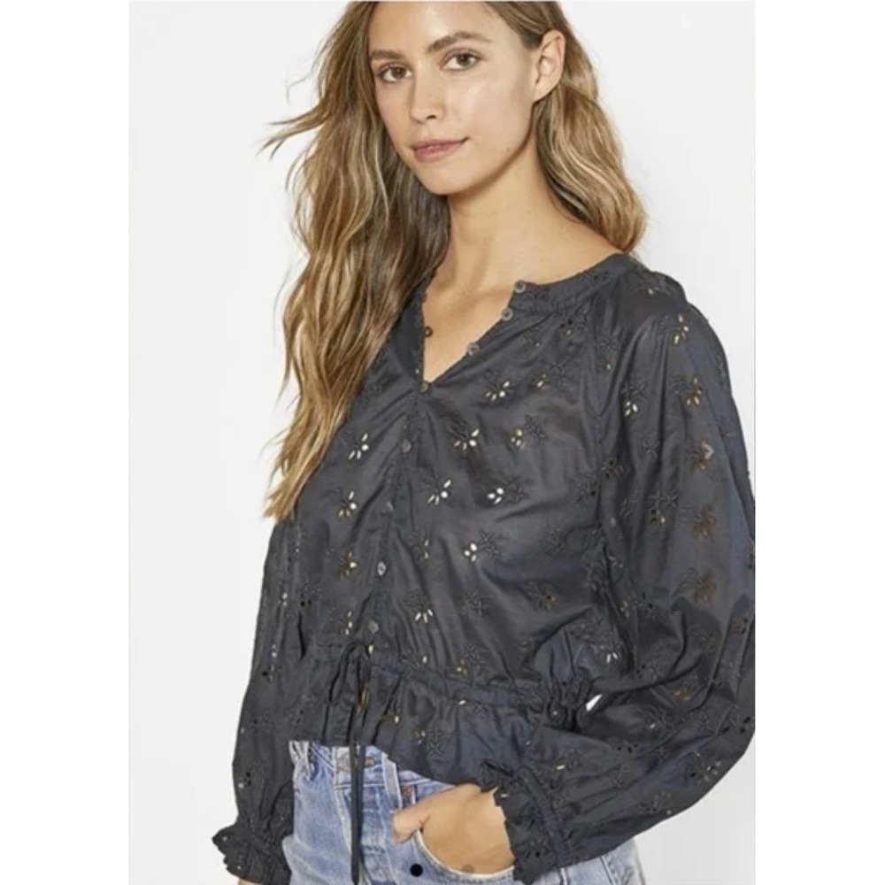 Outerknown Poet Blouse Top Black Eyelet Organic Cotton Casual Peplum NEW XS‎